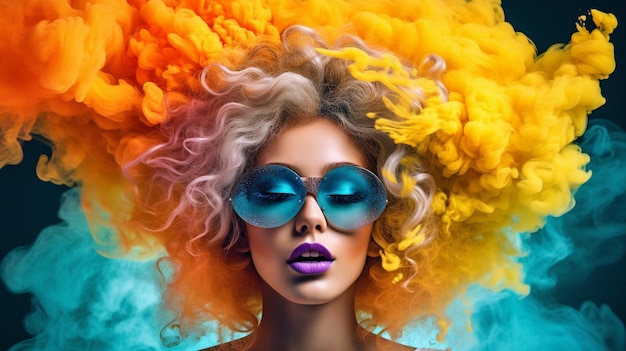 カラフルな髪と虹色のヘアスタイルのメガネの女性