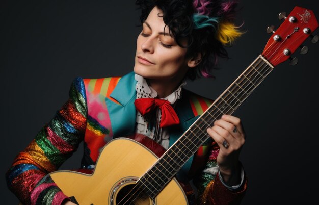 Photo a woman with colorful hair and a guitar ai