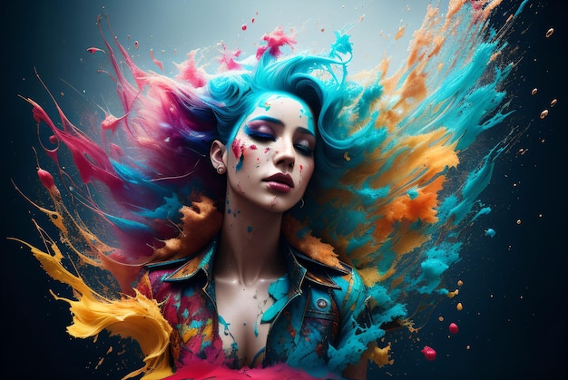 A woman with colorful hair is covered in paint.