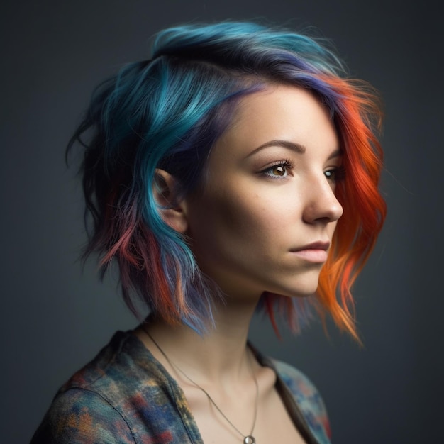 A woman with colorful hair is looking to the right