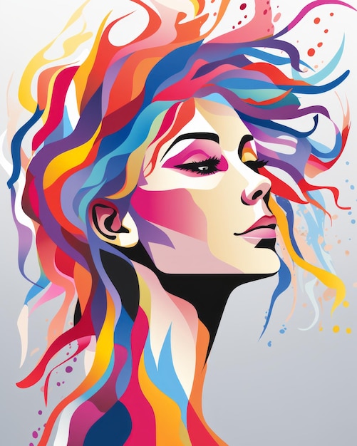 женщина с яркими волосами изображена в абстрактном стиле