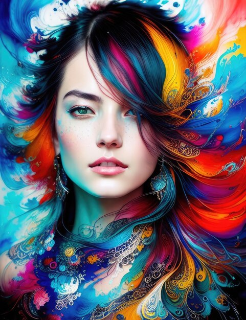 A woman with colorful hair is shown with a colorful pattern.