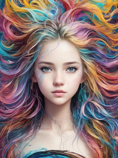 Женщина с красочными волосами изображена со словом "волосы" на ней.