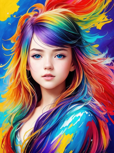 A woman with colorful hair is shown with the word hair on it