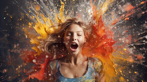 Photo a woman with colorful hair is surrounded by water and the word 