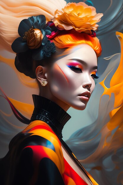 A Woman With Colorful Hair and Makeup A woman wearing a mask and feathers Generated Ai