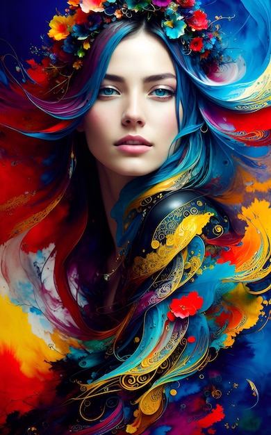 Женщина с разноцветными волосами и радужными волосами