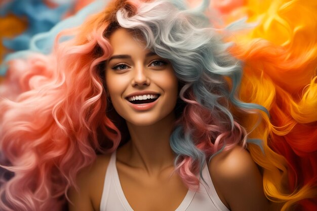 Photo woman with colorful hair and smile on her face generative ai