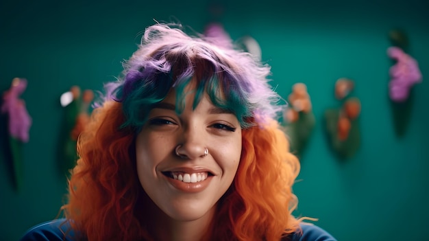 A woman with colorful hair smiles at the camera.