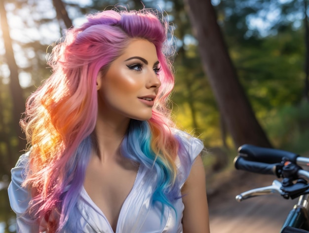 a woman with colorful hair standing next to a motorcycle