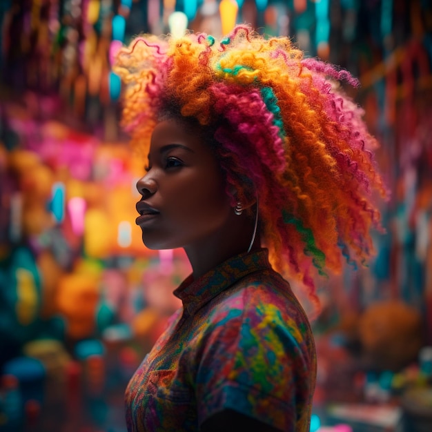 A woman with colorful hair stands in front of a colorful backdrop