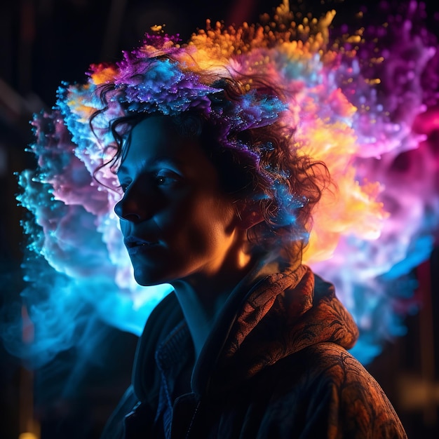 A woman with colorful hair stands in front of a dark background with a blue and red light behind her.