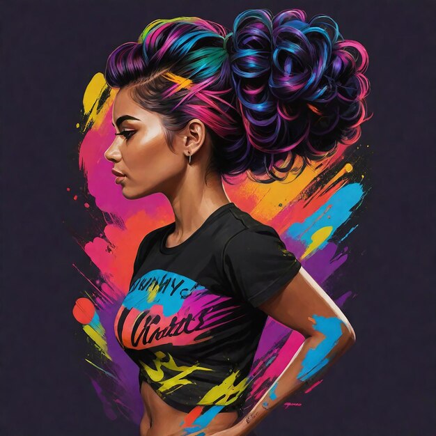 a woman with a colorful hair style on her shirt