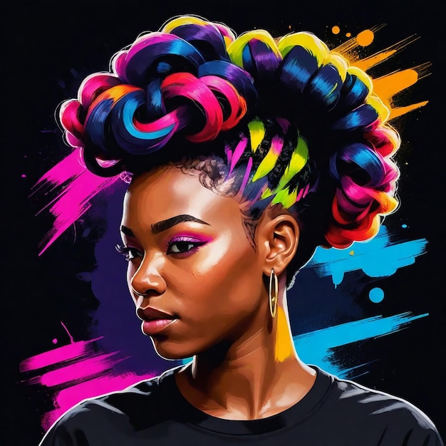 a woman with a colorful hair style on her shirt