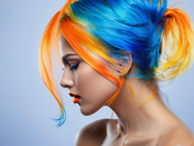 Photo a woman with a colorful hair style is shown with a picture of a woman with colorful hair