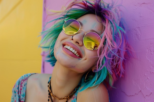 a woman with colorful hair and sunglasses
