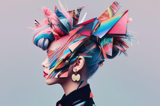 A woman with colorful hair wearing a colorful hat Generative AI image