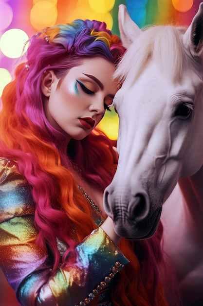 A woman with colorful hair and a white horse