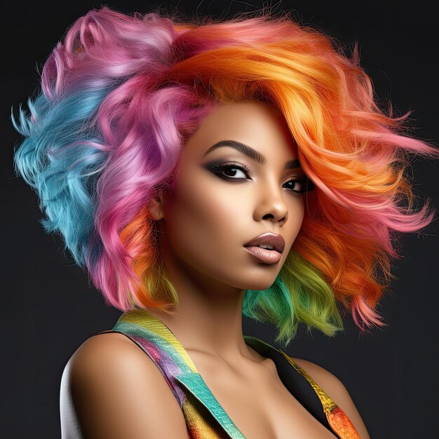 a woman with colorful hair