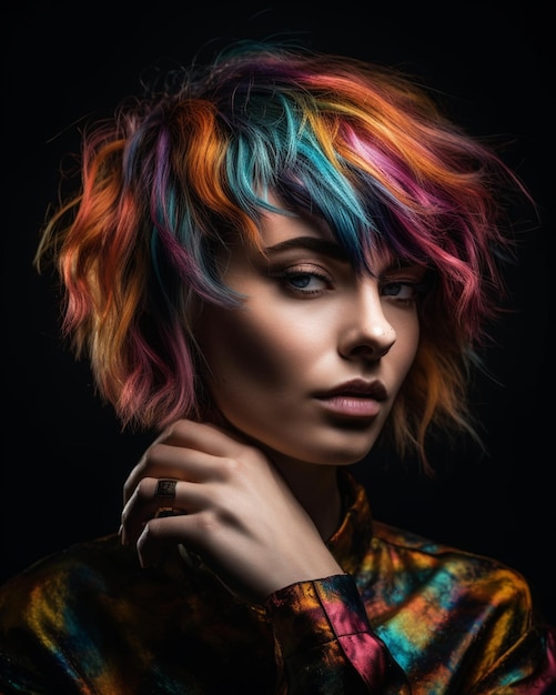 A woman with a colorful haircut and a black background