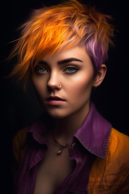 A woman with a colorful haircut and orange hair
