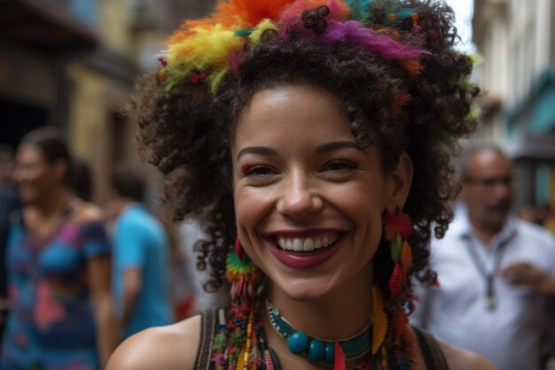 Photo a woman with a colorful hairdo smiles in a crowded street