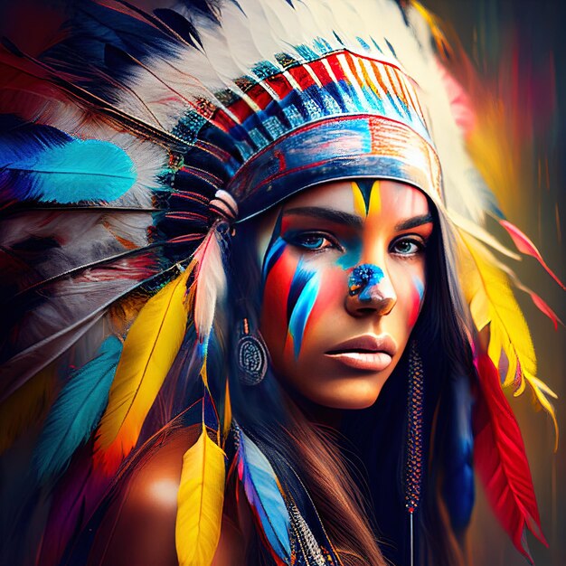 Photo a woman with a colorful headdress and a colorful feather on her head