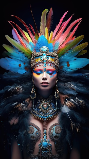 A woman with a colorful headdress and feathers on her head