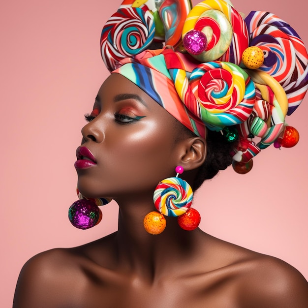 Photo a woman with a colorful headdress and a headband with the word candy on it