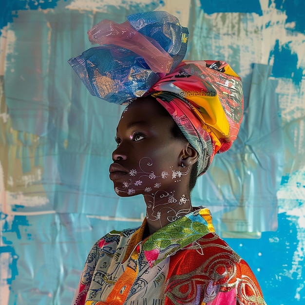 женщина с красочным головным убором на голове стоит перед голубой стеной