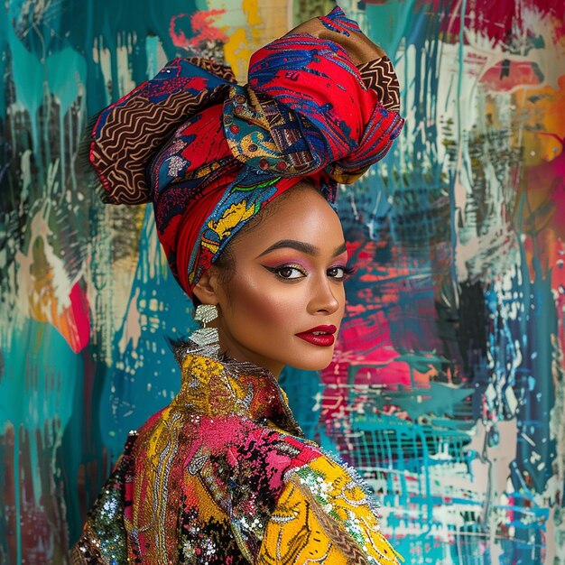 a woman with a colorful headdress is standing in front of a colorful wall