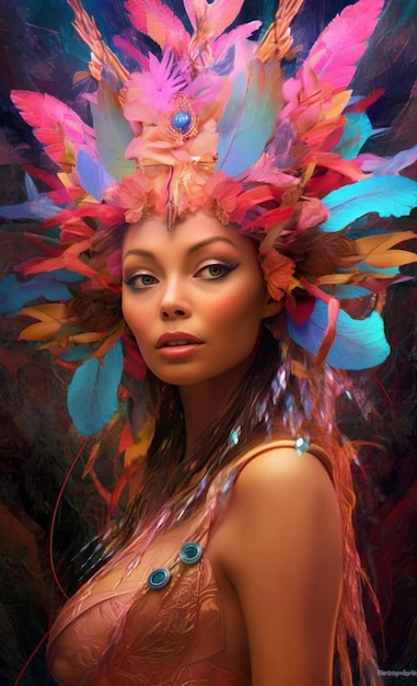 A woman with a colorful headpiece and feathers on her head