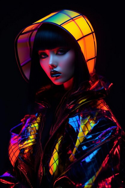 a woman with a colorful jacket and a colorful light behind her