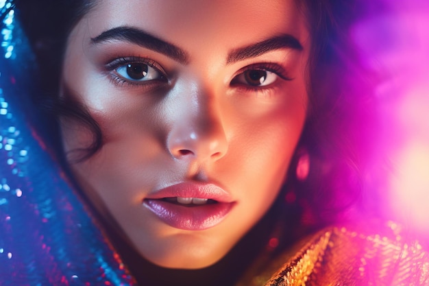 A woman with a colorful light on her face