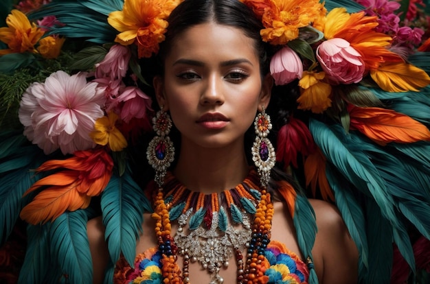 a woman with a colorful necklace and earrings
