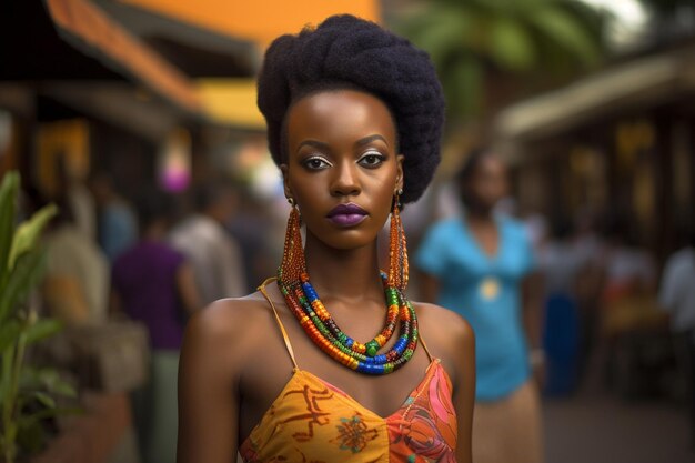 A woman with a colorful necklace on her head