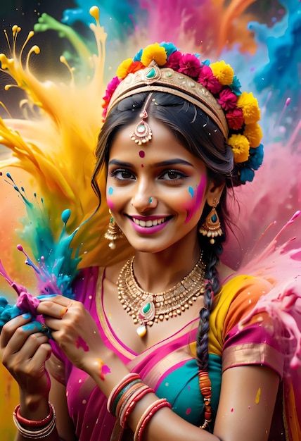 a woman with a colorful outfit and a colorful feather on her head