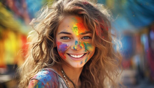 a woman with colorful paint on her face