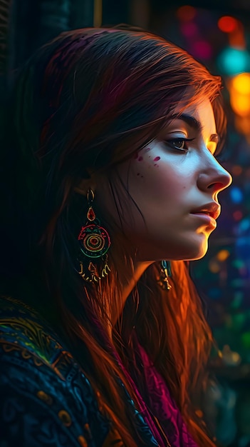 A woman with a colorful painted earring looks into the distance.