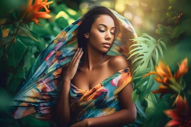 A woman with a colorful scarf on her head stands in a tropical garden.