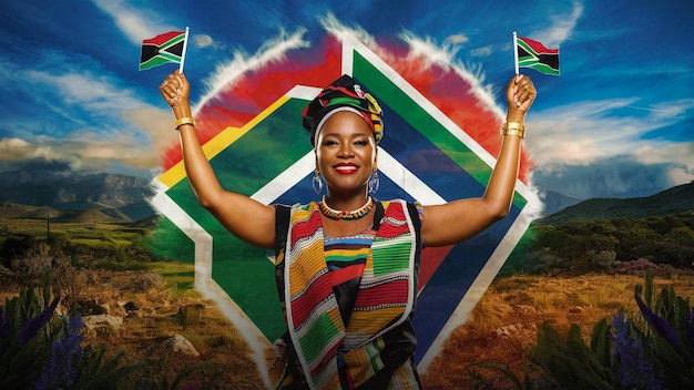 Photo a woman with a colorful scarf holding two flags