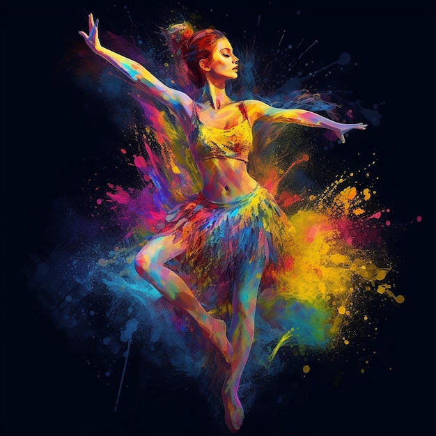 a woman with a colorful skirt is dancing in colorful colors.