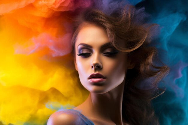 A woman with a colorful smoke background