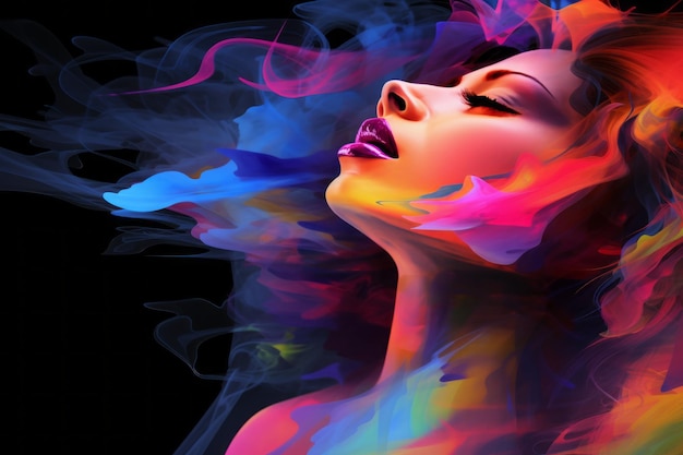 a woman with colorful smoke coming out of her hair