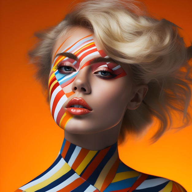 A woman with colorful stripes on her face