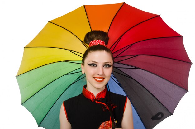 Woman with colorful umbrella isolated 