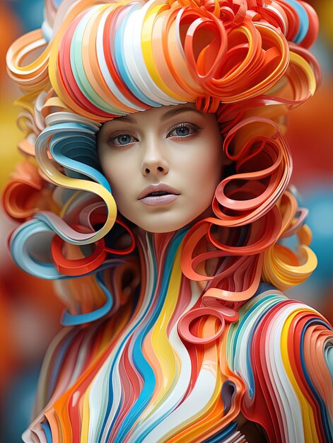 다채로운 위그와 다채로운 머리카락을 가진 여성이 보여집니다.