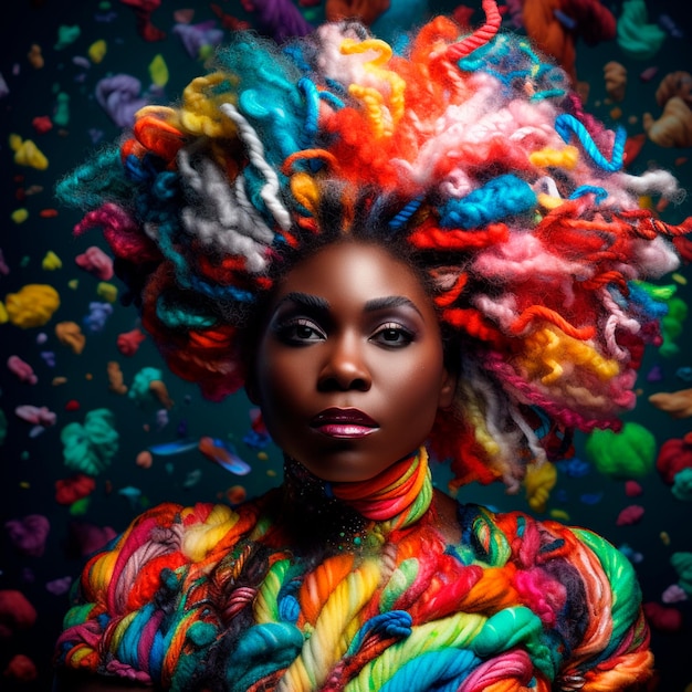 A woman with a colorful wig that says rainbow on it