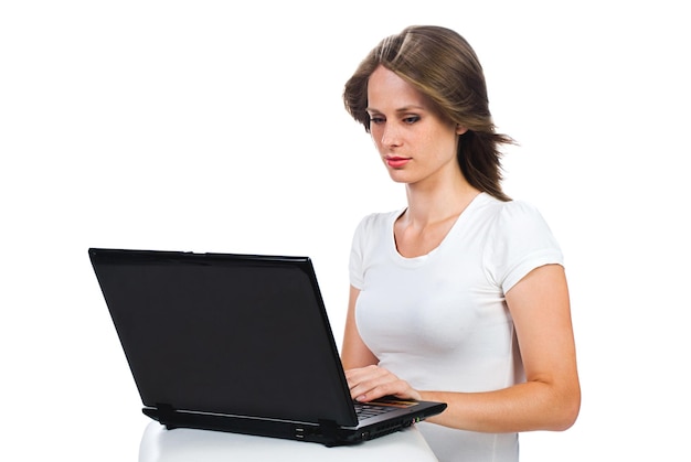 Woman with computer isolated on a white background