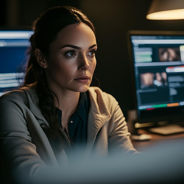 Woman with computer with video in the background while using artificial intelligence